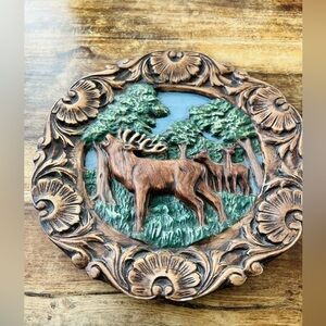 Vintage French wood resin forest deers family 3D carved signed wall plate/ decor